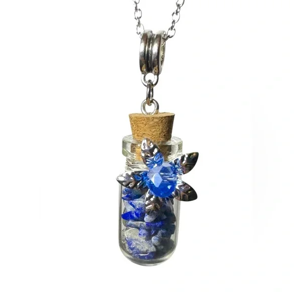 Wishing Bottle with Gemstone Chips and Crystal Center Flower on 925 Chain - Picture 10 of 14